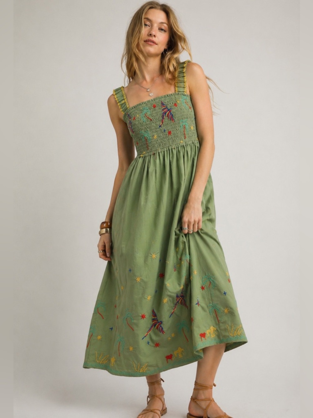 Green Smocked Midi Dress with Embroidered Details